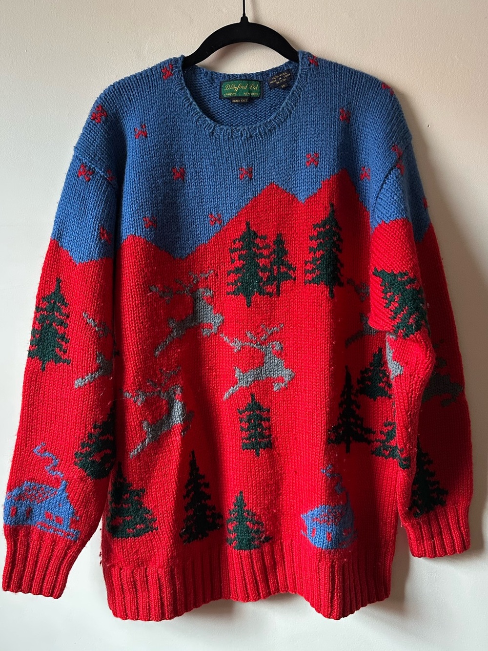 Vintage Wool Hand Knitted Chunky Christmas Sweater Reindeer Trees
